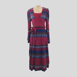 Vintage Albert Nipon Pink Blue Striped Knit Long Sleeve Colorful Midi Dress - S